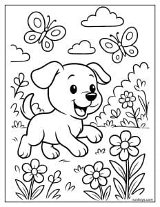 דף צביעה של גור כלבים חמוד רץ בין פרחים ופרפרים