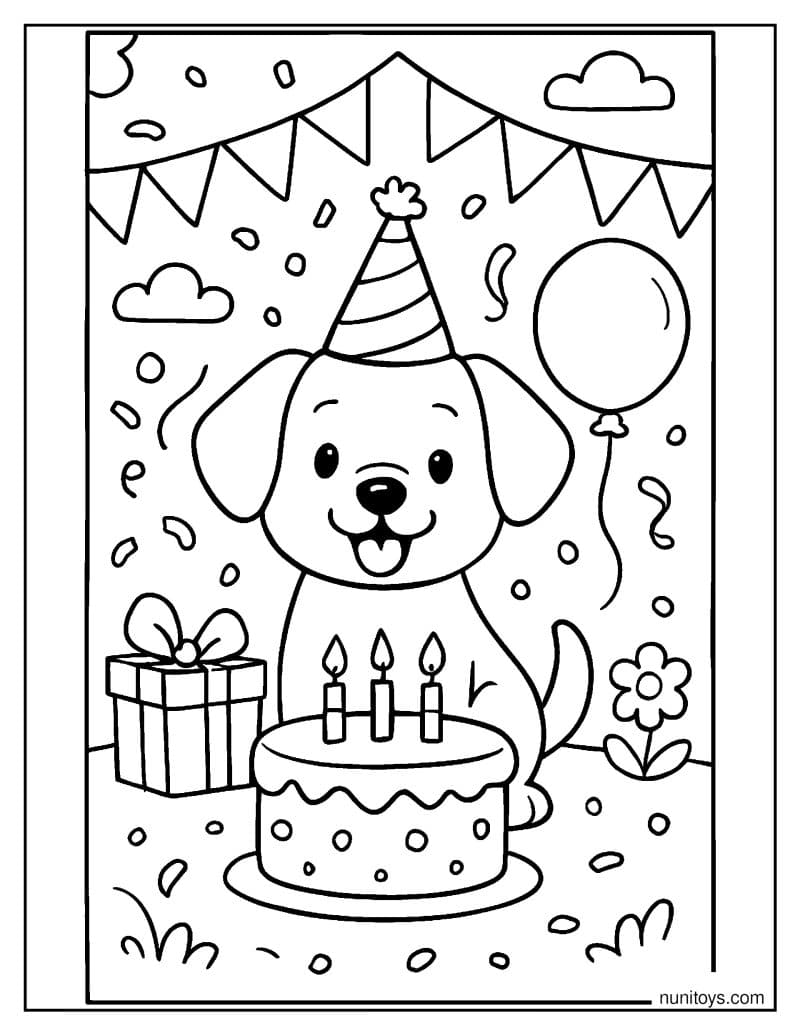 דף צביעה של כלב חמוד חוגג יום הולדת עם עוגה