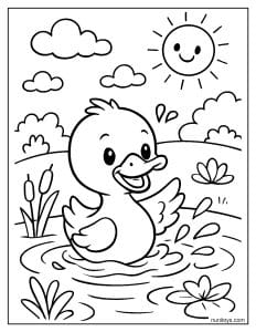 דף צביעה ברווז חמוד משחק במים תחת שמש מחייכת