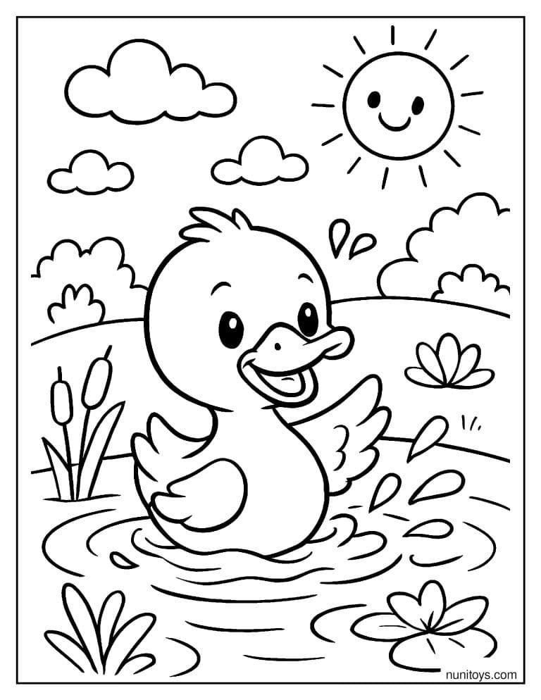 Coloriage caneton joyeux éclaboussant l’eau d’un étang