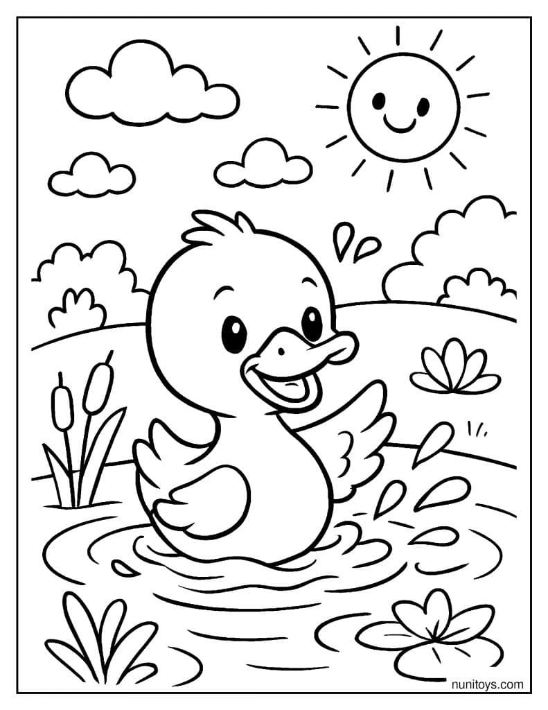 דף צביעה ברווז חמוד משחק במים תחת שמש מחייכת