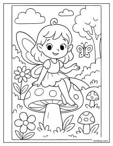 Fairy Sitting on Mushroom in Magical Garden Coloring Page