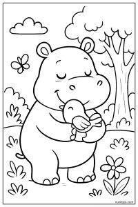 Cute Hippo Hugging a Small Bird Coloring Page
