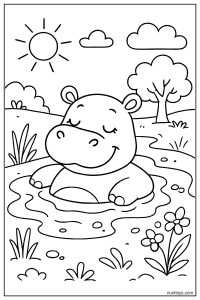 Cute Hippo Resting in Mud Puddle Coloring Page
