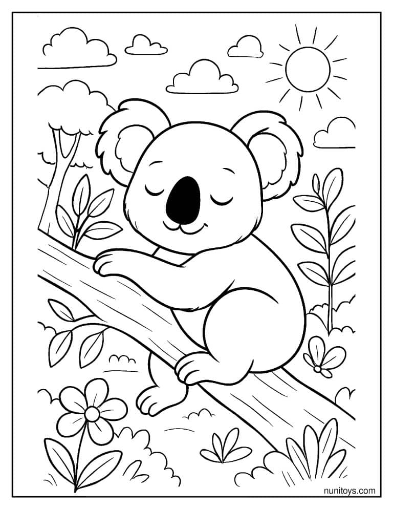 Coloriage koala endormi sur une grande branche fleurie