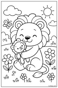 Cute Lion Hugging a Small Toy Coloring Page