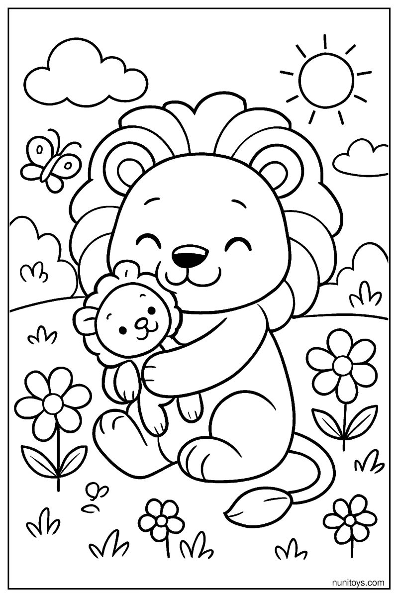 Cute Lion Hugging a Small Toy Coloring Page