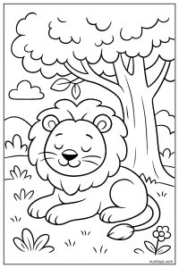 Cute Lion Resting Under a Tree Coloring Page