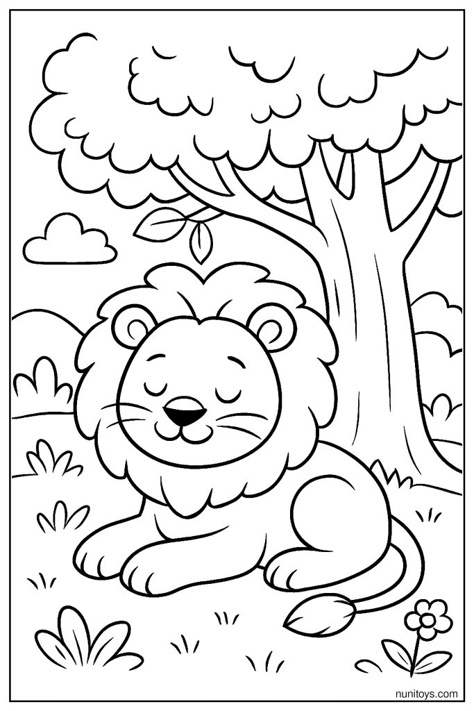Cute Lion Resting Under a Tree Coloring Page