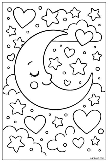 Crescent Moon Surrounded by Hearts and Stars Coloring Page