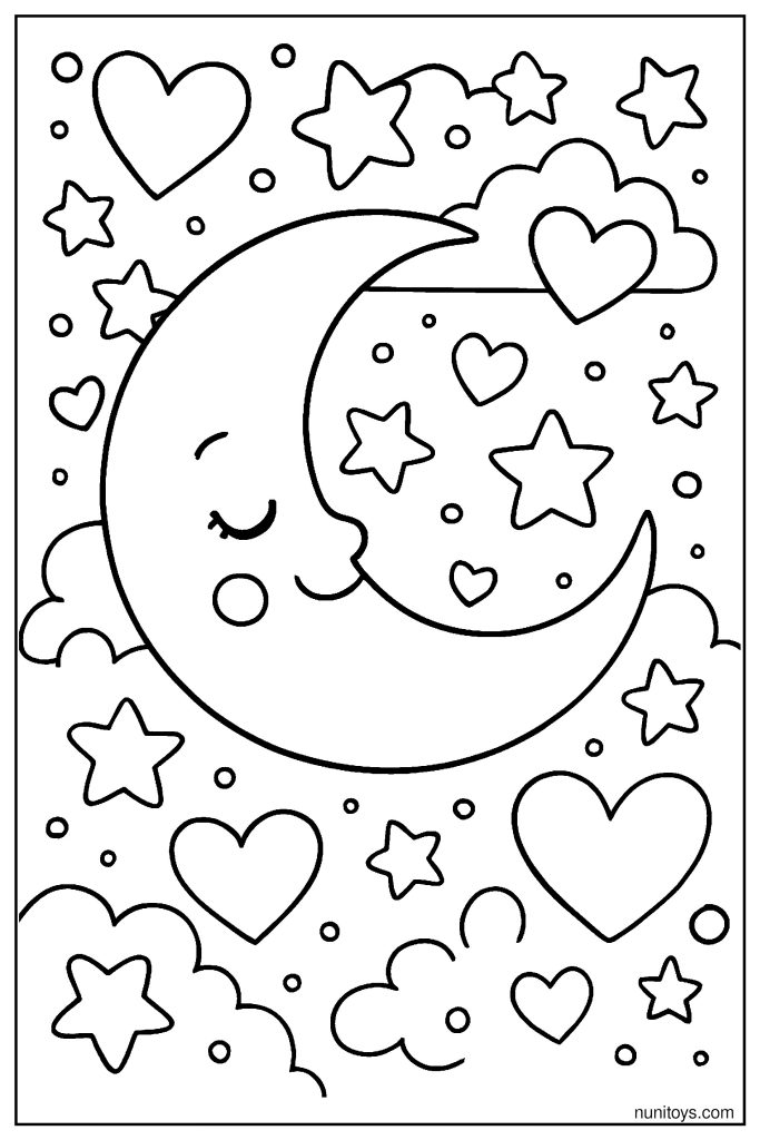 Cute Moon Surrounded by Hearts and Stars Coloring Page