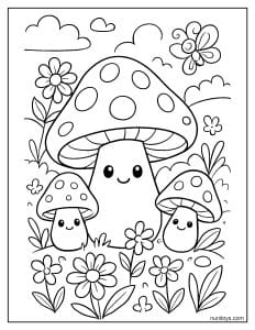 Cute Mushroom Family Surrounded by Flowers Coloring Sheet