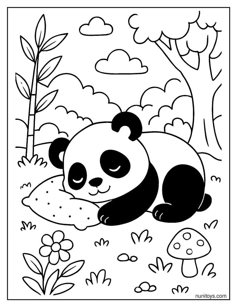 Coloriage panda endormi sur un coussin dans la forêt