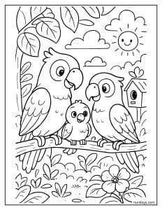 משפחת תוכים חמודה יושבת יחד על ענף בגינה