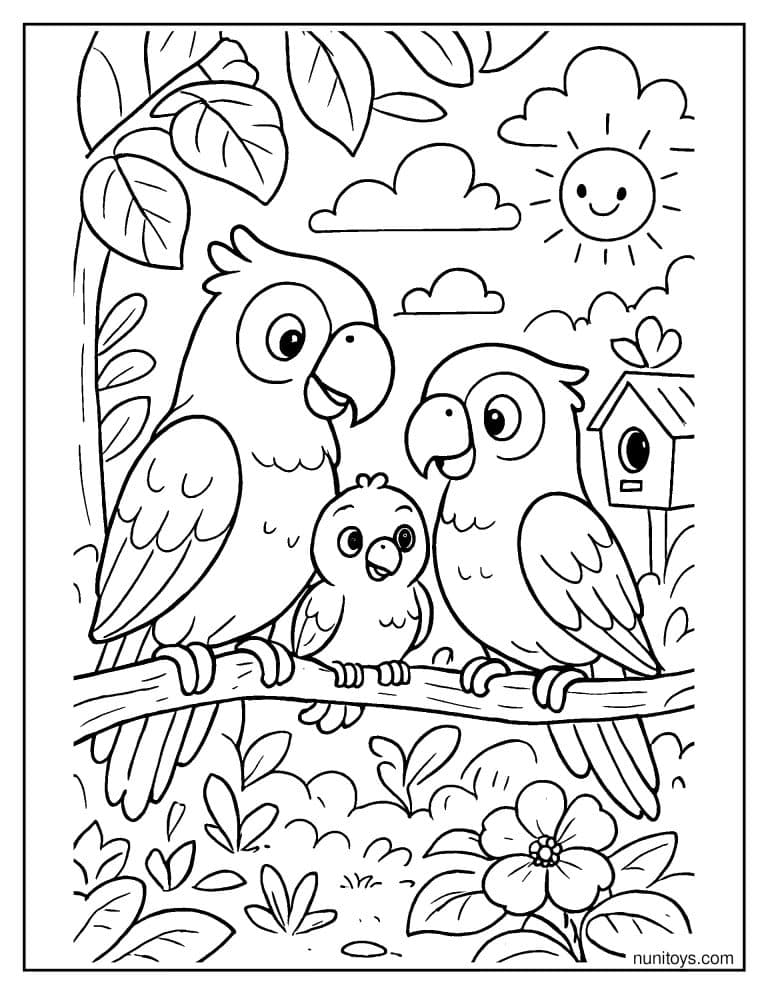 Coloriage famille de perroquets réunie sur une branche