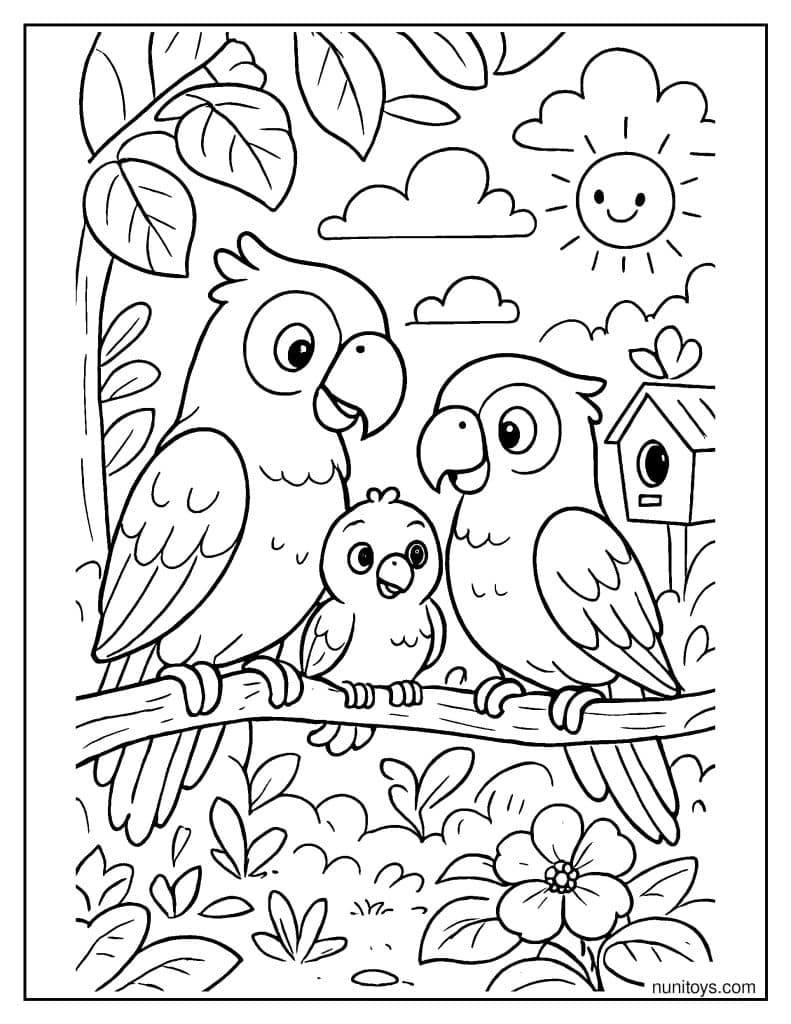 משפחת תוכים חמודה יושבת יחד על ענף בגינה