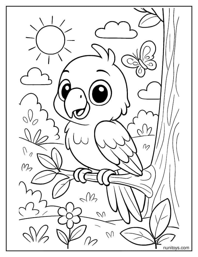 Coloriage petit perroquet perché près d’un papillon au soleil