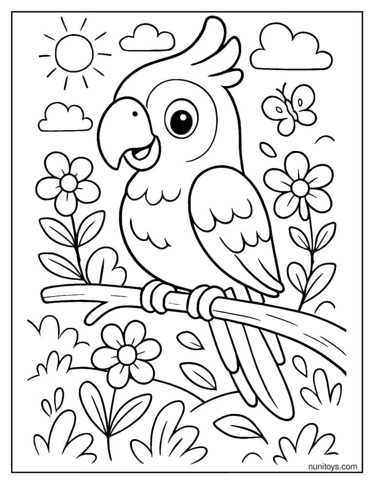 Coloriage perroquet perché sur une branche parmi les fleurs