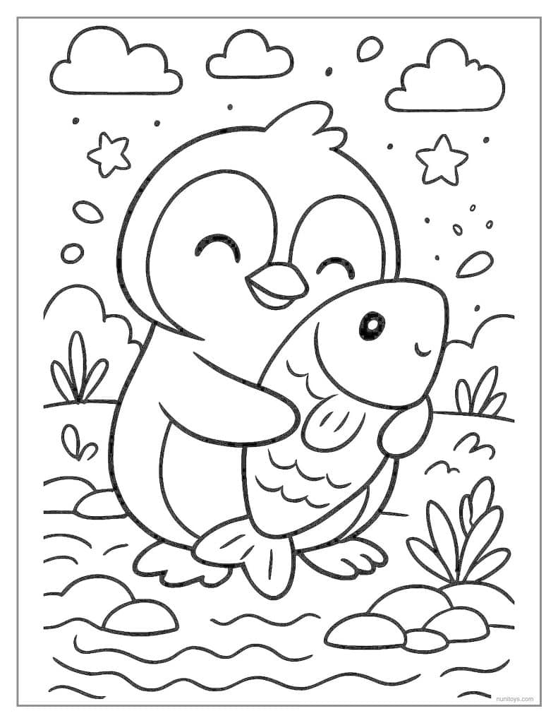 Penguin Hugging a Fish in Nature Coloring Page