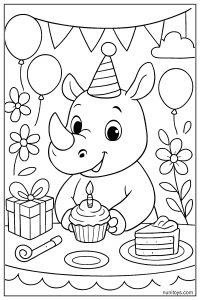 Cute Rhino with a Cupcake at a Cheerful Birthday Table