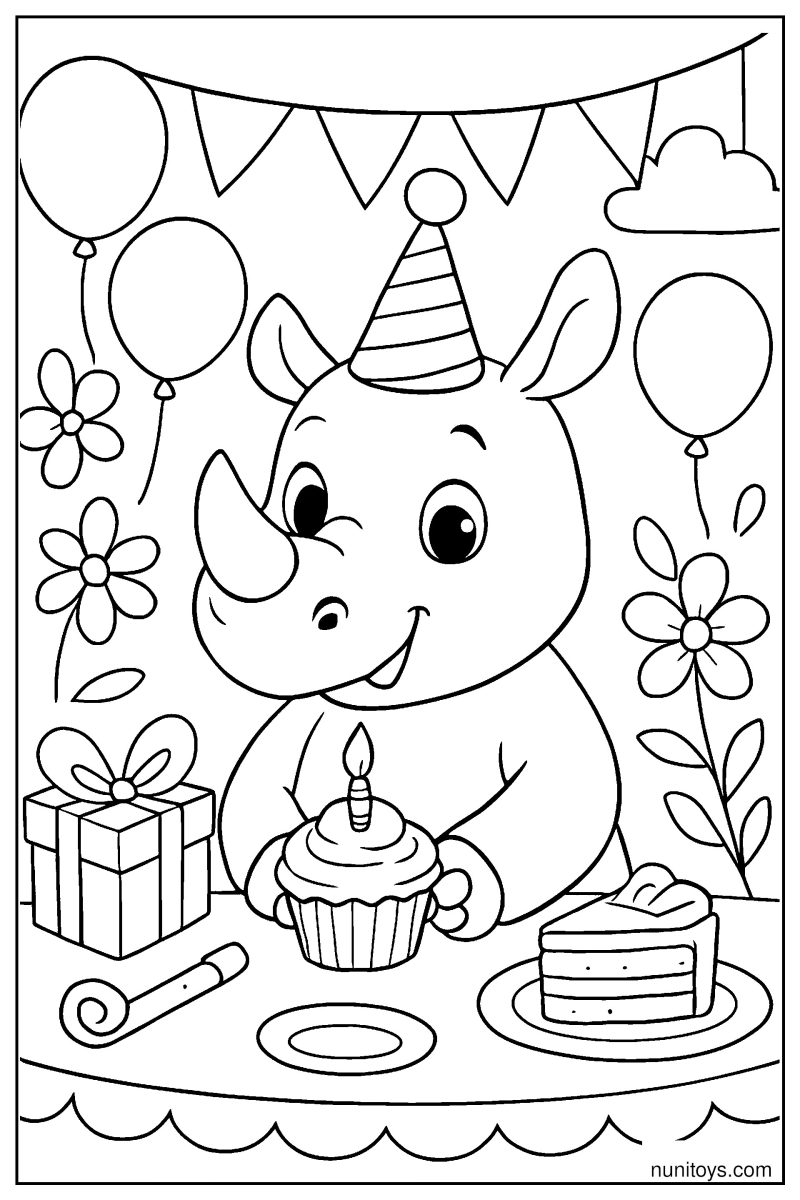 Cute Rhino with a Cupcake at a Cheerful Birthday Table