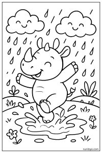Cute Rhino Jumping in Puddles During Light Rain Coloring Page
