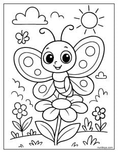 דף צביעה של פרפר חמוד יושב על פרח בגינה