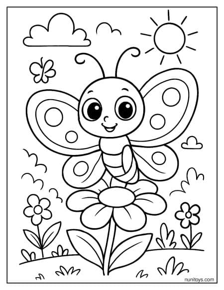 דף צביעה של פרפר חמוד יושב על פרח בגינה