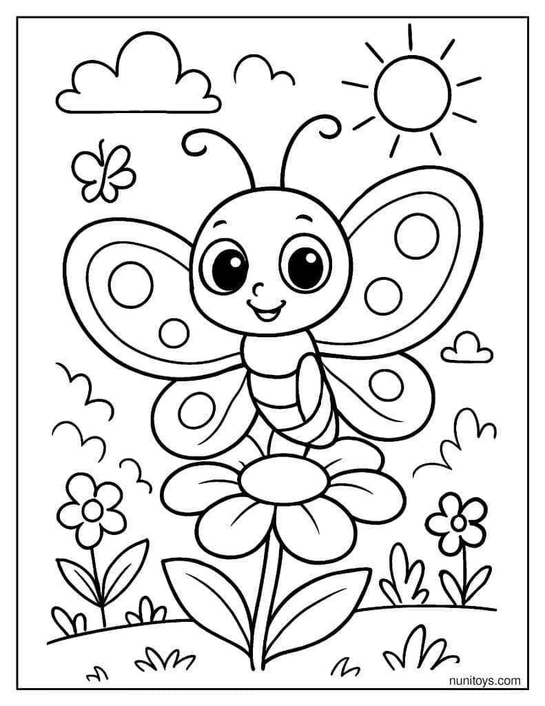 דף צביעה של פרפר חמוד יושב על פרח בגינה