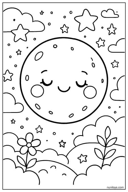 Smiling Moon Surrounded by Stars and Clouds Coloring Page