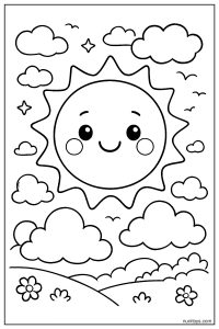 Cute Smiling Sun with Rosy Cheeks and Fluffy Clouds Coloring Page