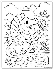 Cute Spinosaurus Playing with a Butterfly by the River Coloring Page