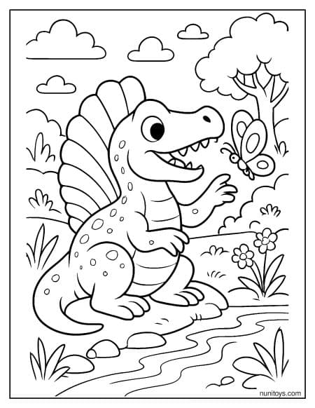 Spinosaurus Reaching Butterfly in Jungle Coloring Page