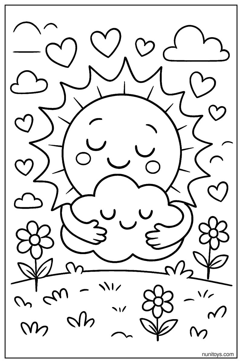 Cute Sun Hugging a Little Cloud Coloring Page