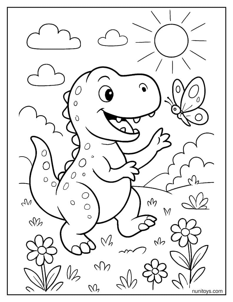 Cute T-Rex Playing with a Butterfly in a Sunny Meadow Coloring Page