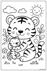 Tiger Hugging a Teddy Bear in a Garden Coloring Page