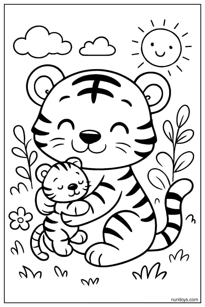 Tiger Hugging a Teddy Bear in a Garden Coloring Page