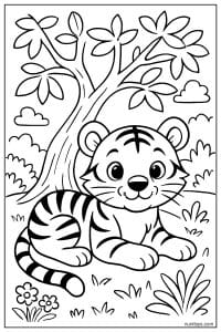 Tiger Cub Resting Under a Tree in a Jungle