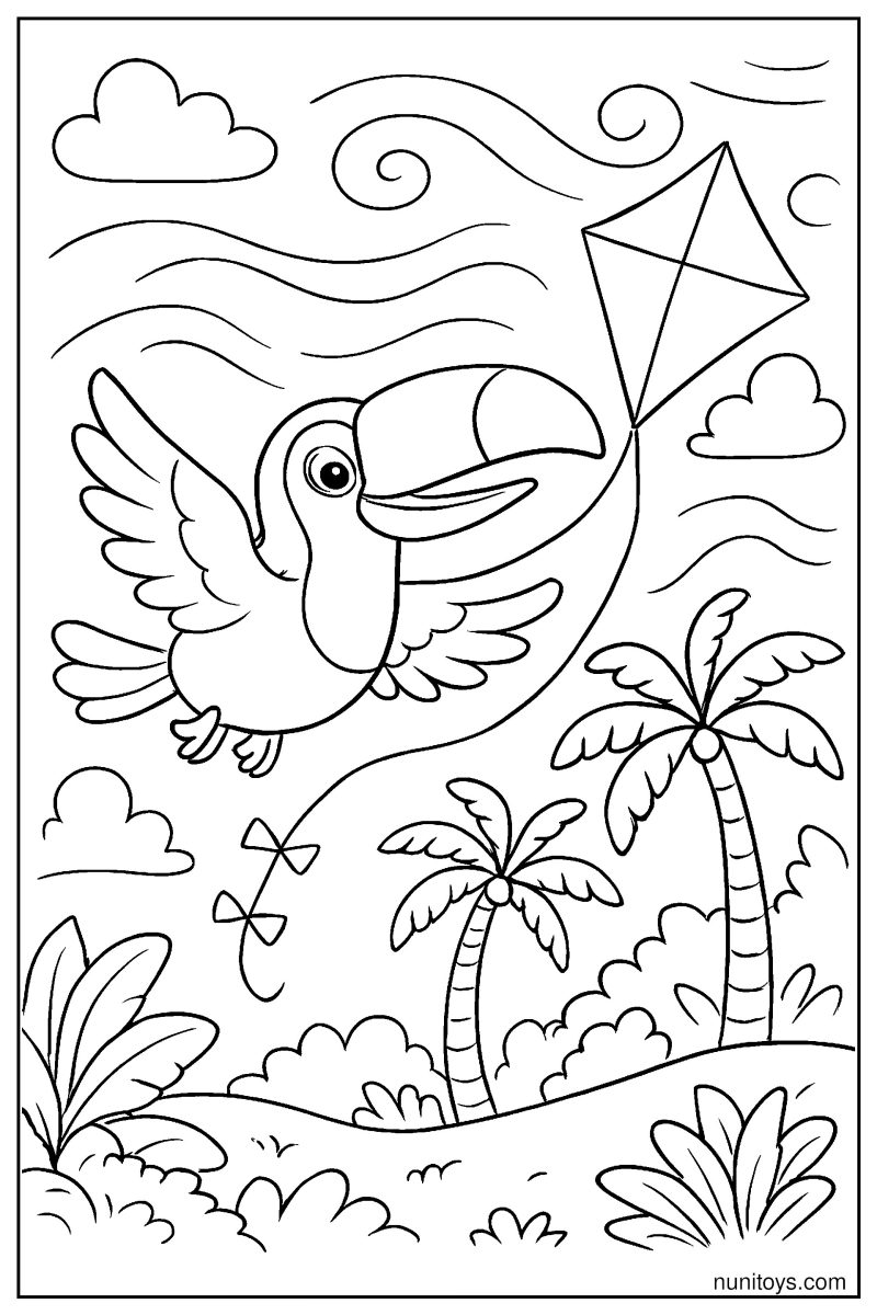 Cute Toucan Flying with a Kite Over Tropical Trees Coloring Page