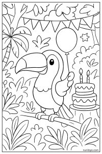 Cute Toucan Holding Balloon in Festive Jungle Birthday Scene Coloring Page