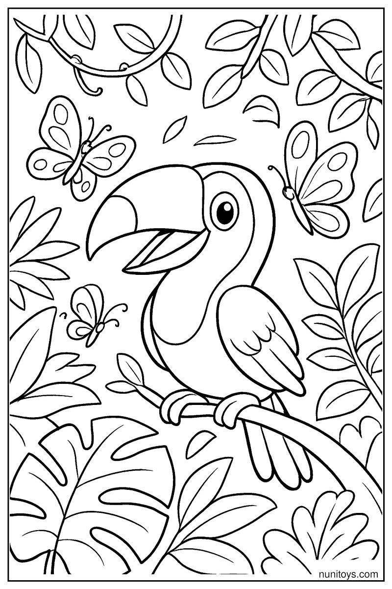 Cute Toucan Playing with Butterflies in a Bright Jungle Scene Coloring Page