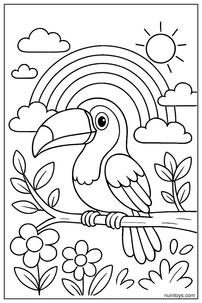 Cute Toucan Resting on a Branch Under a Rainbow Coloring Page