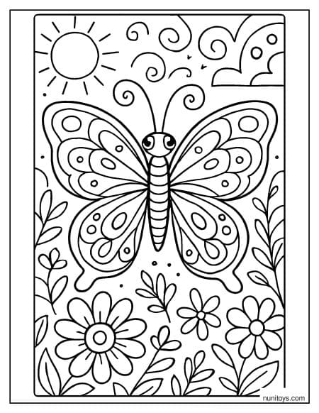 דף צביעה של פרפר דקורטיבי עם דוגמאות מופשטות בגינה