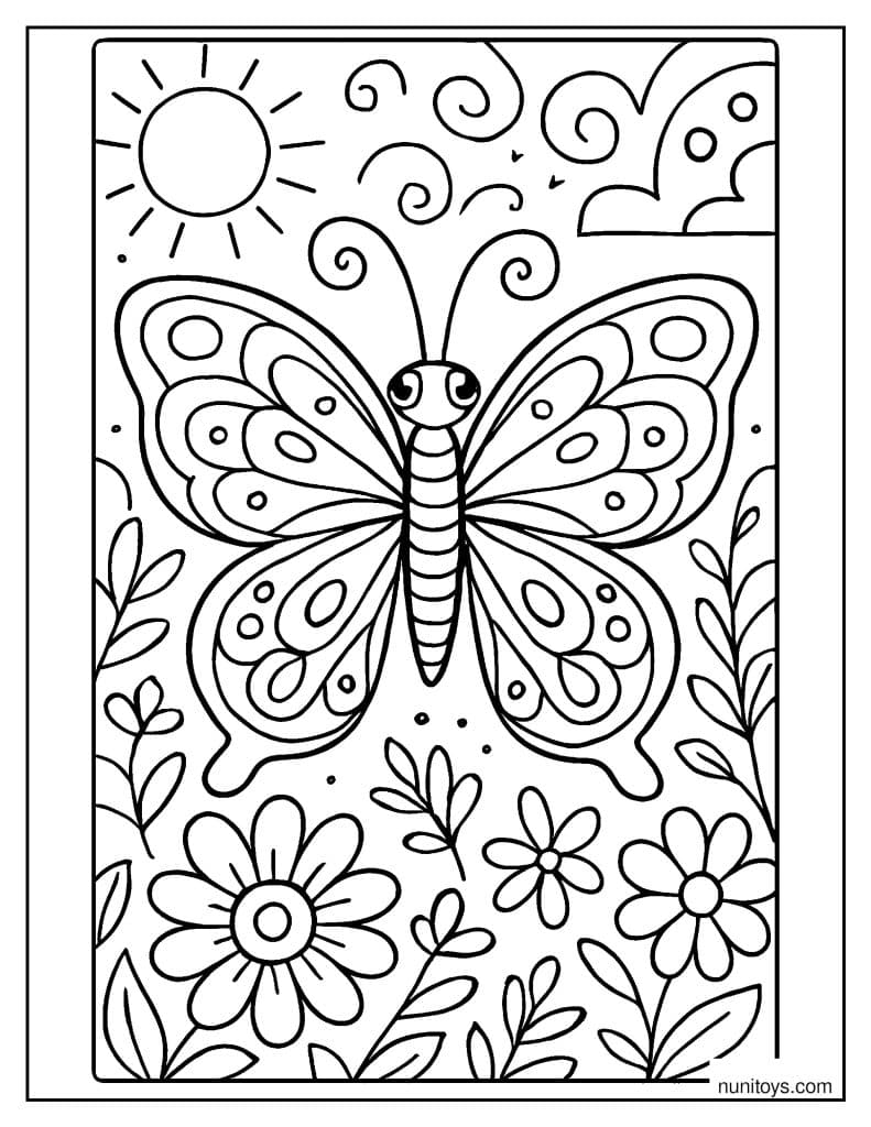 דף צביעה של פרפר דקורטיבי עם דוגמאות מופשטות בגינה