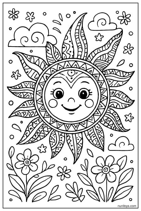Mandala Sun with Floral Garden Details Coloring Page