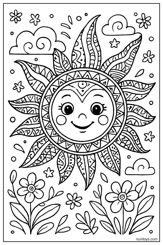 Decorative Sun with Tribal Patterns Coloring Page