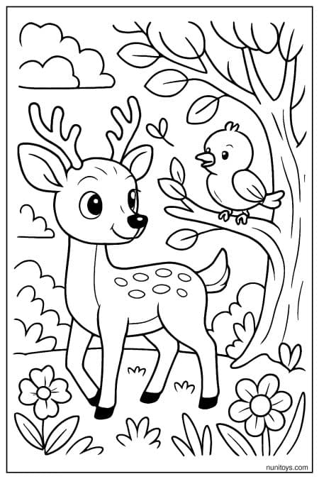 Deer Looking at Bird on Tree Branch Coloring Page