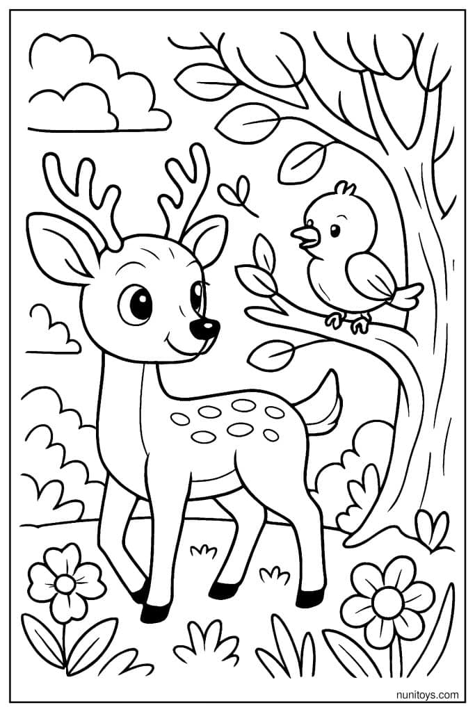 Deer Looking at Bird on Tree Branch Coloring Page