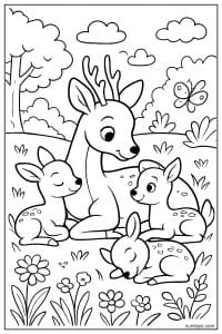 Mother Deer with Fawns in Flower Field Coloring Sheet