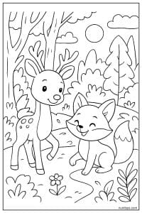 Deer and Fox Smiling Together in Sunny Forest